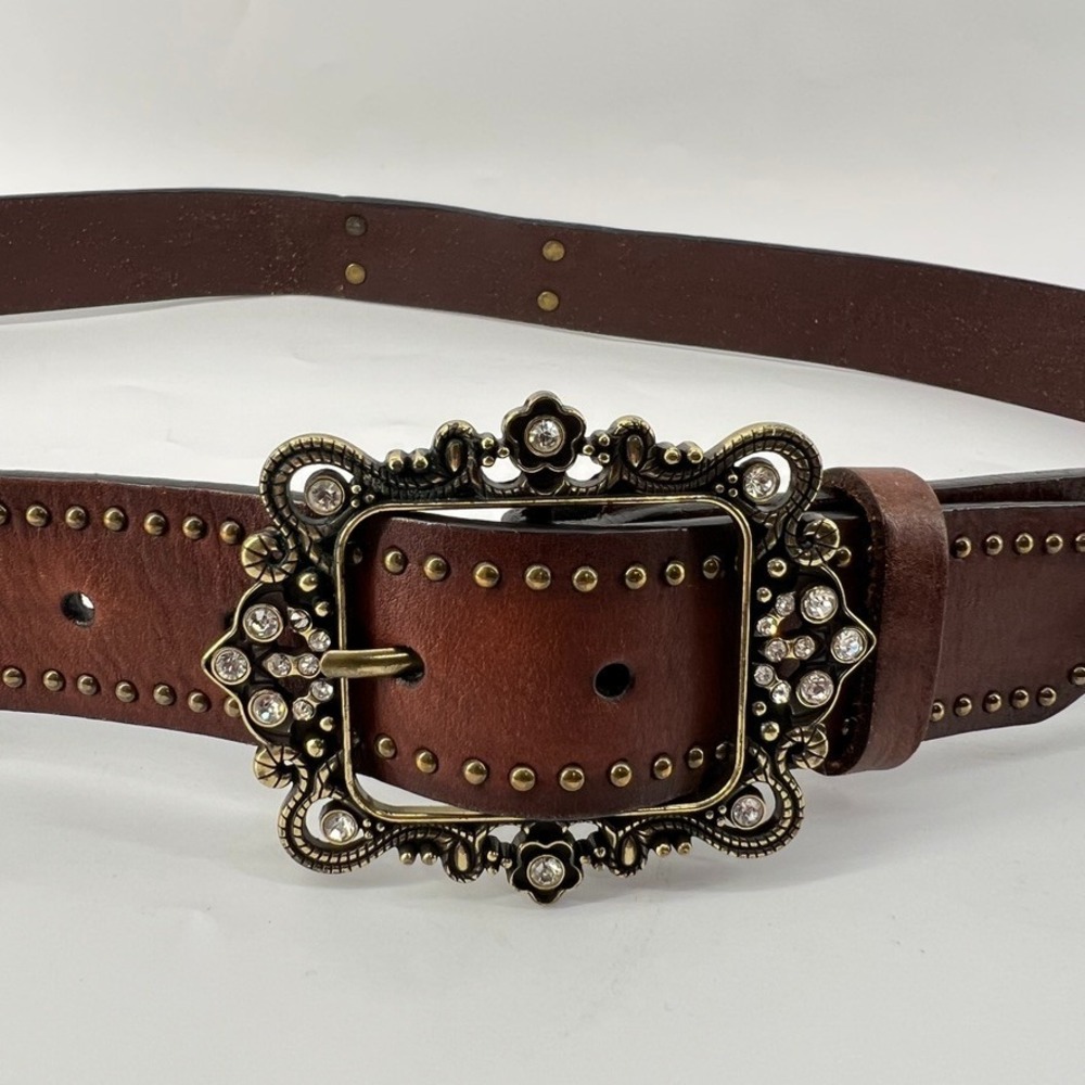 ROPER Leather Western Belt 2XL Brown Rhinestone Studded Filigree Buckle Cowgirl
